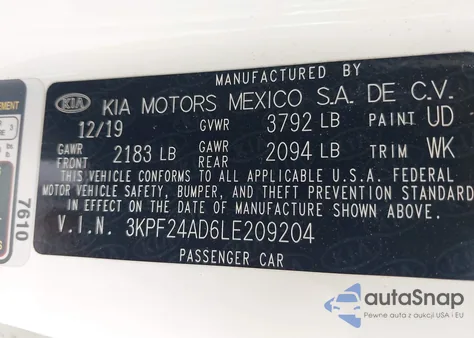 2020 Kia Forte Lxs from USA, damaged, VIN 3KPF24AD6LE209204